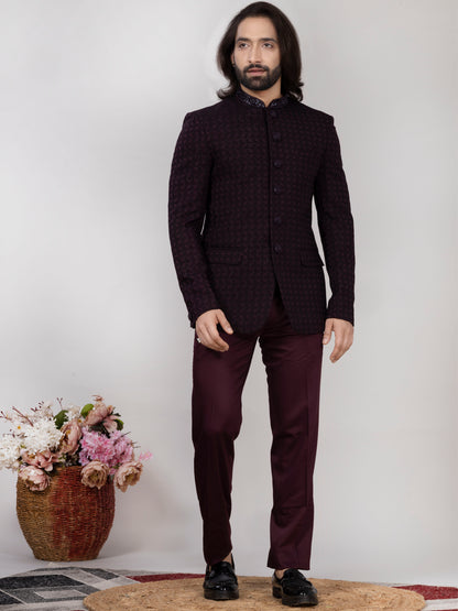 RAXON Designer Wine Jacquard Jodhpuri Suit
