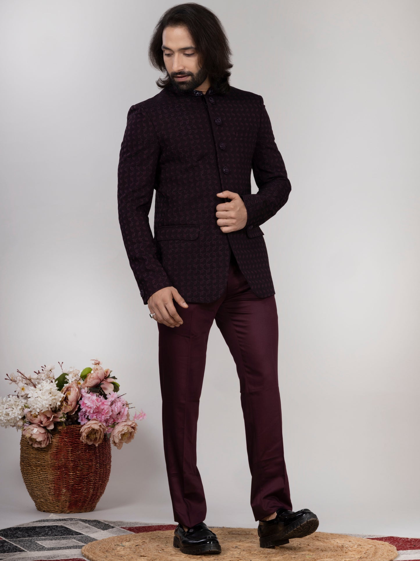 RAXON Designer Wine Jacquard Jodhpuri Suit