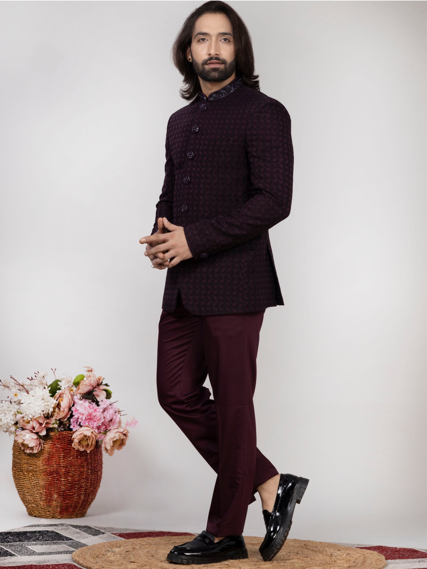 RAXON Designer Wine Jacquard Jodhpuri Suit