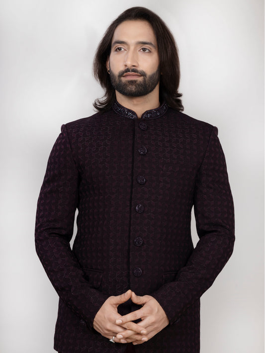 RAXON Designer Wine Jacquard Jodhpuri Suit