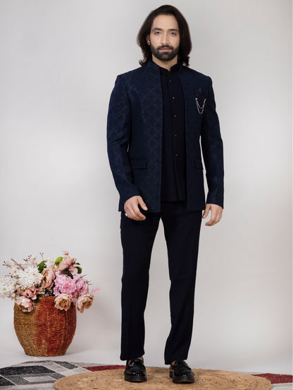 Navy Blue Open Jodhpuri Suit with Matching Trouser & Inner Jacket