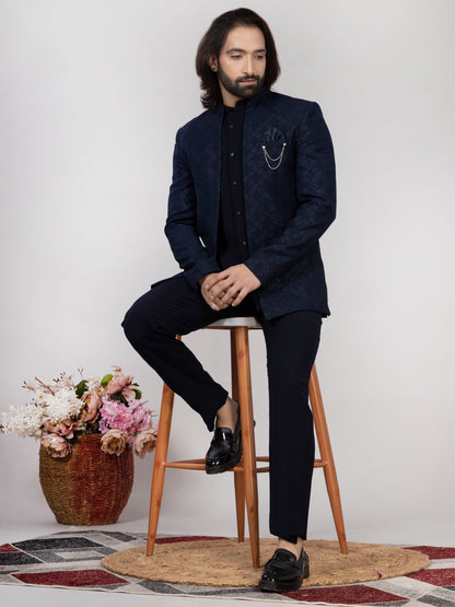 Navy Blue Open Jodhpuri Suit with Matching Trouser & Inner Jacket