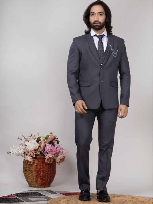 Premium Men’s Grey 3-Piece Suit with Waistcoat – Formal & Wedding Wear | Raxon®