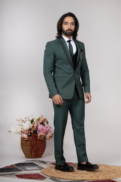 Premium Men’s Green 3-Piece Suit with Black Lapel – Wedding & Party Wear | Raxon®