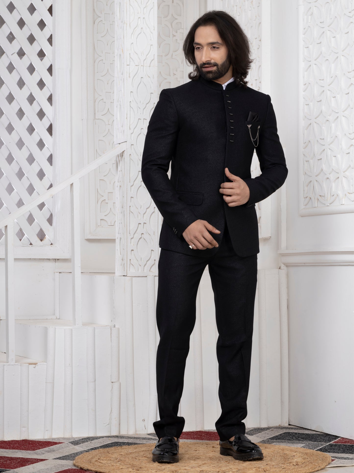 Black Jacquard Premium Bandhgala Suit with Metal Chain Detail