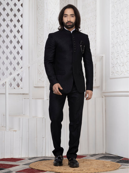 Black Jacquard Premium Bandhgala Suit with Metal Chain Detail
