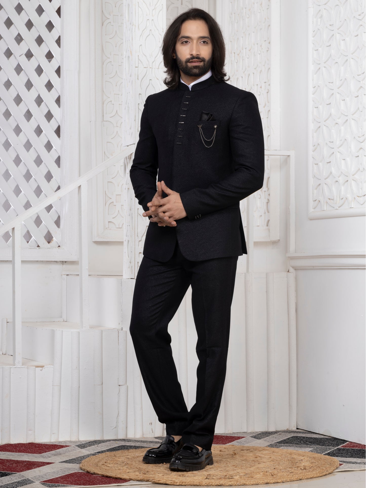 Black Jacquard Premium Bandhgala Suit with Metal Chain Detail