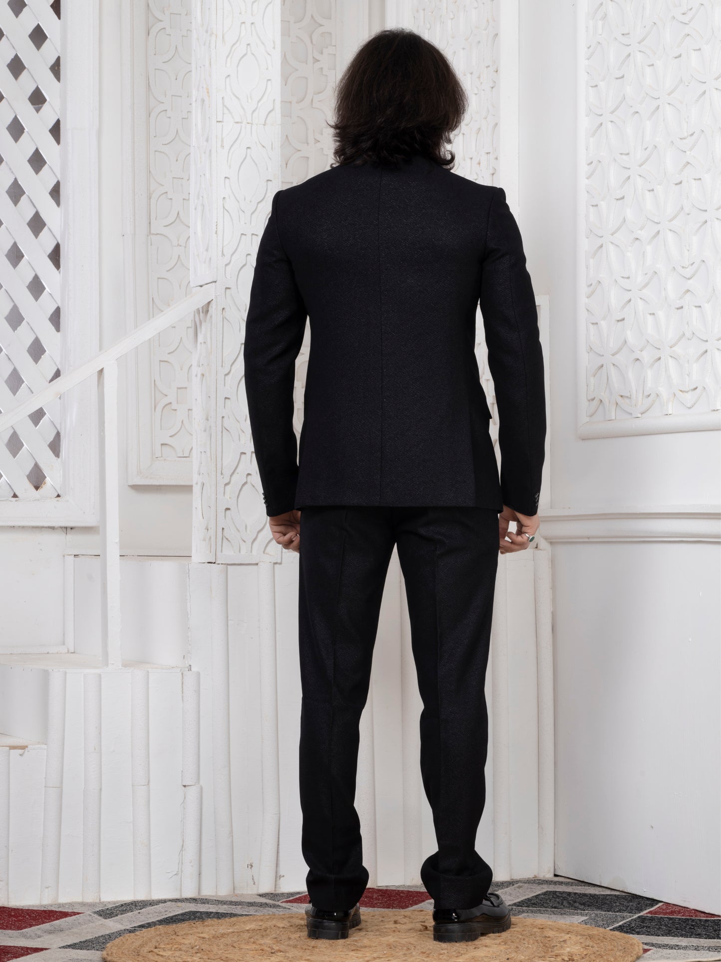 Black Jacquard Premium Bandhgala Suit with Metal Chain Detail