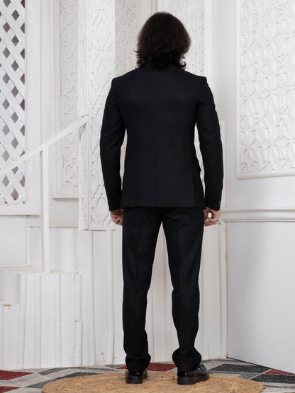 Black Jacquard Premium Bandhgala Suit with Metal Chain Detail