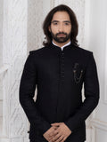 Black Jacquard Premium Bandhgala Suit with Metal Chain Detail