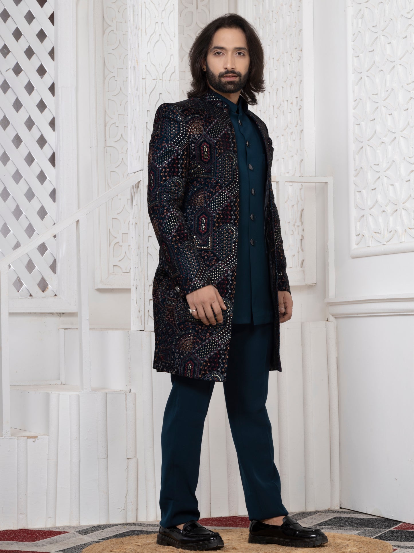 Designer Peacock Blue Velvet 3-Piece Open Indo Western