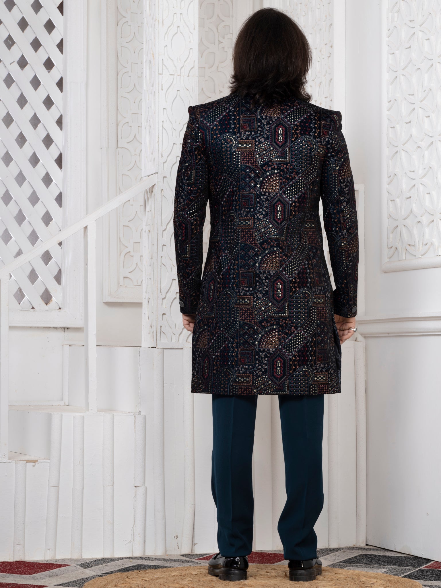 Designer Peacock Blue Velvet 3-Piece Open Indo Western