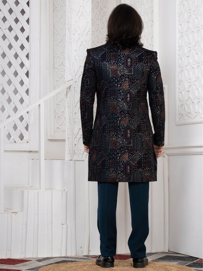 Designer Peacock Blue Velvet 3-Piece Open Indo Western