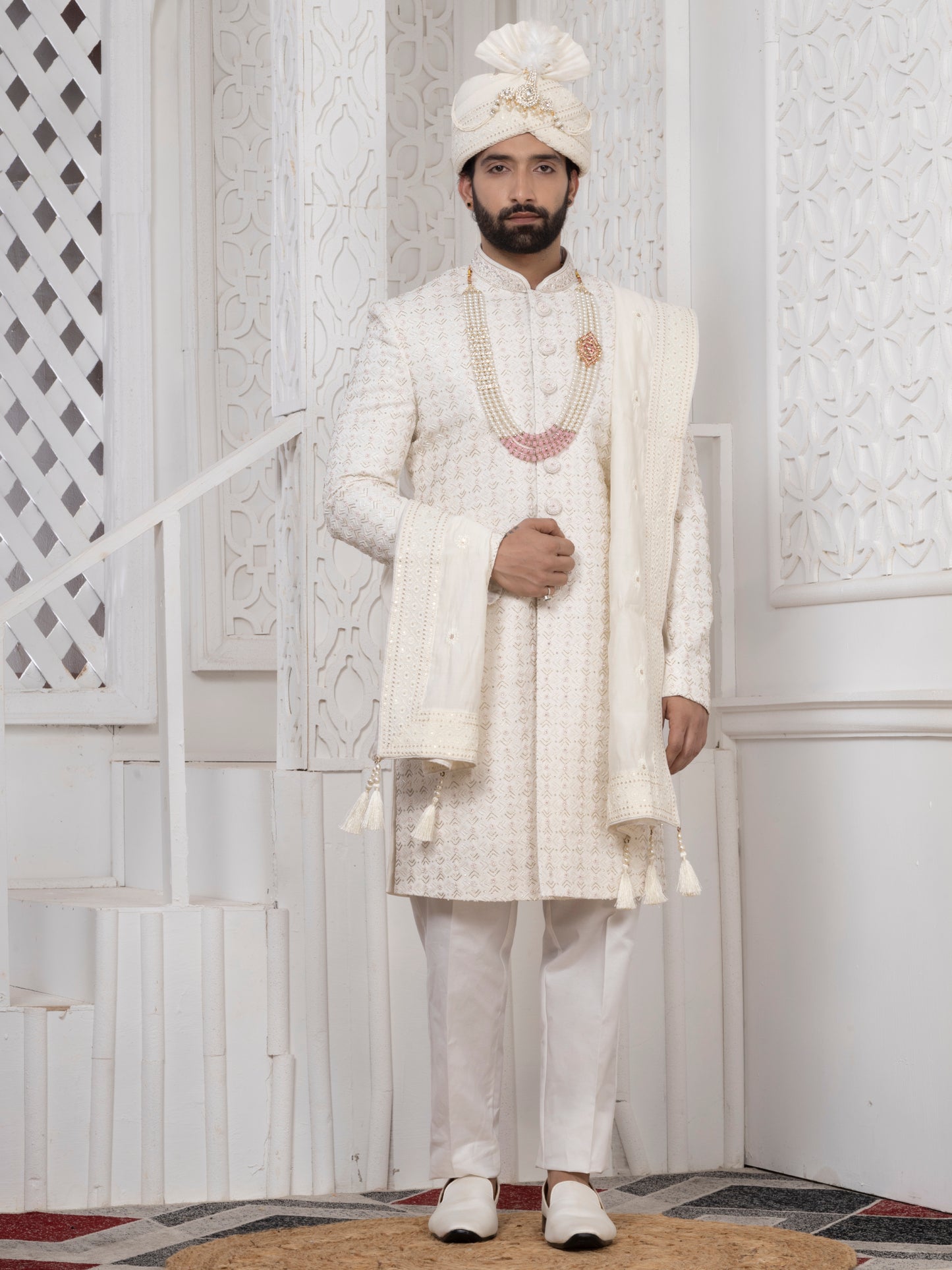 Raxon Ivory Embroidered Wedding Sherwani Set for Men – Premium Groom Outfit