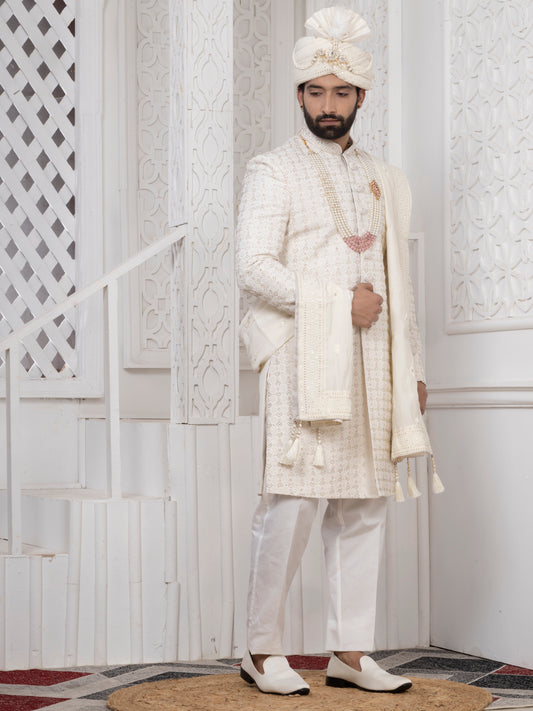 Raxon Ivory Embroidered Wedding Sherwani Set for Men – Premium Groom Outfit