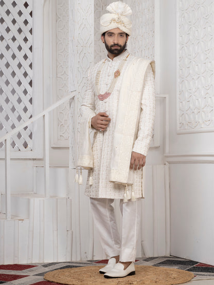 Raxon Ivory Embroidered Wedding Sherwani Set for Men – Premium Groom Outfit