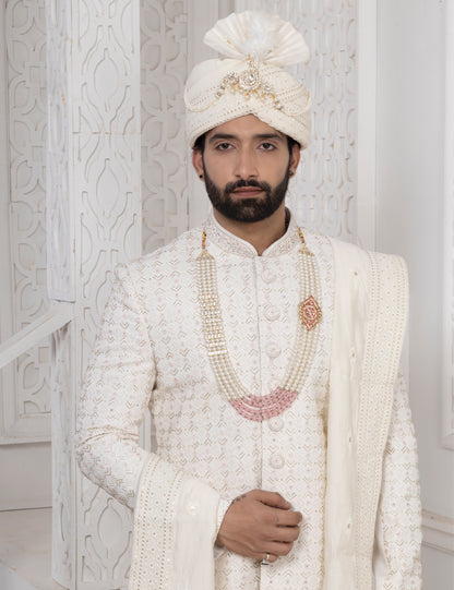 Raxon Ivory Embroidered Wedding Sherwani Set for Men – Premium Groom Outfit