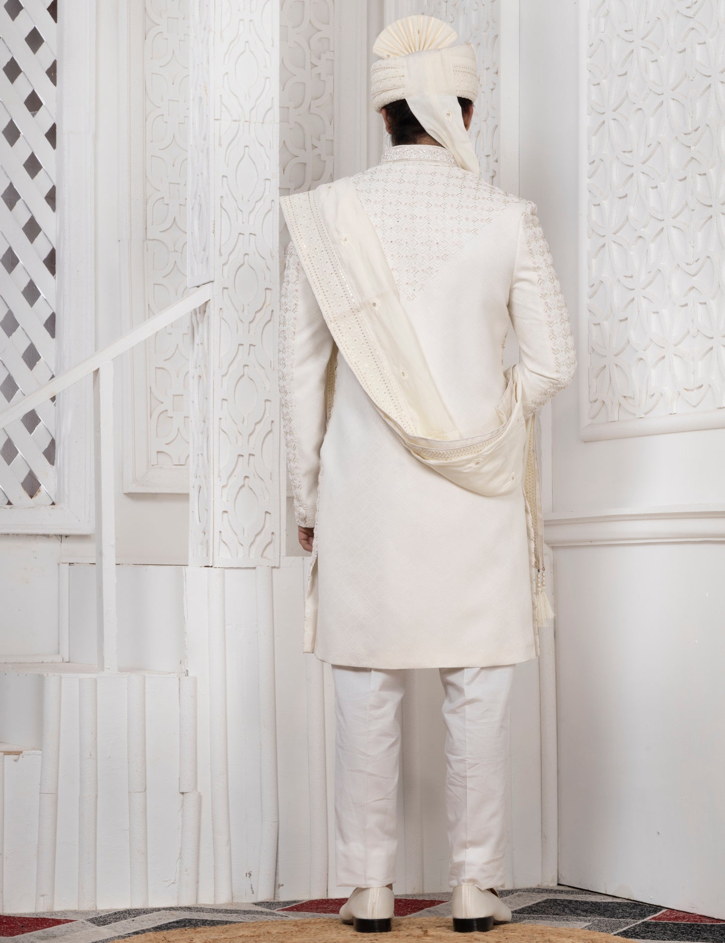 Raxon Ivory Embroidered Wedding Sherwani Set for Men – Premium Groom Outfit