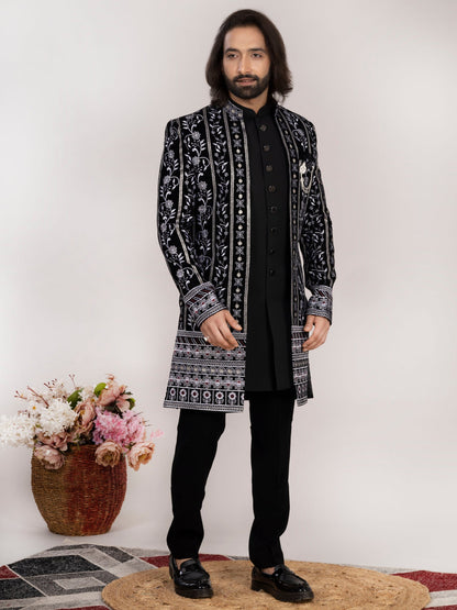 Black Velvet Embroidered Open Indo-Western Suit