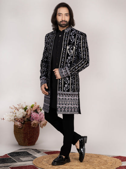 Black Velvet Embroidered Open Indo-Western Suit