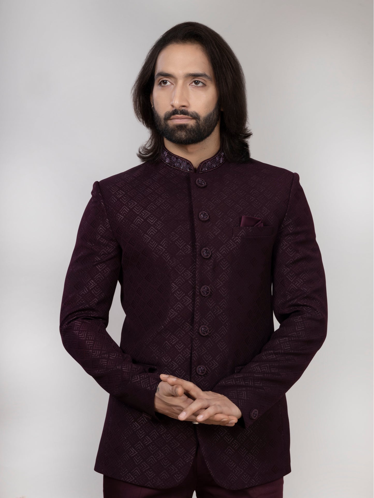 Wine Jacquard Jodhpuri Bandhgala Suit with Collar & Button Work | Wedding & Party Wear