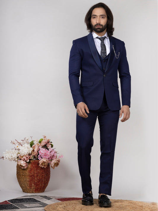 Navy Blue Crepe Fabric 3-Piece Tuxedo Suit