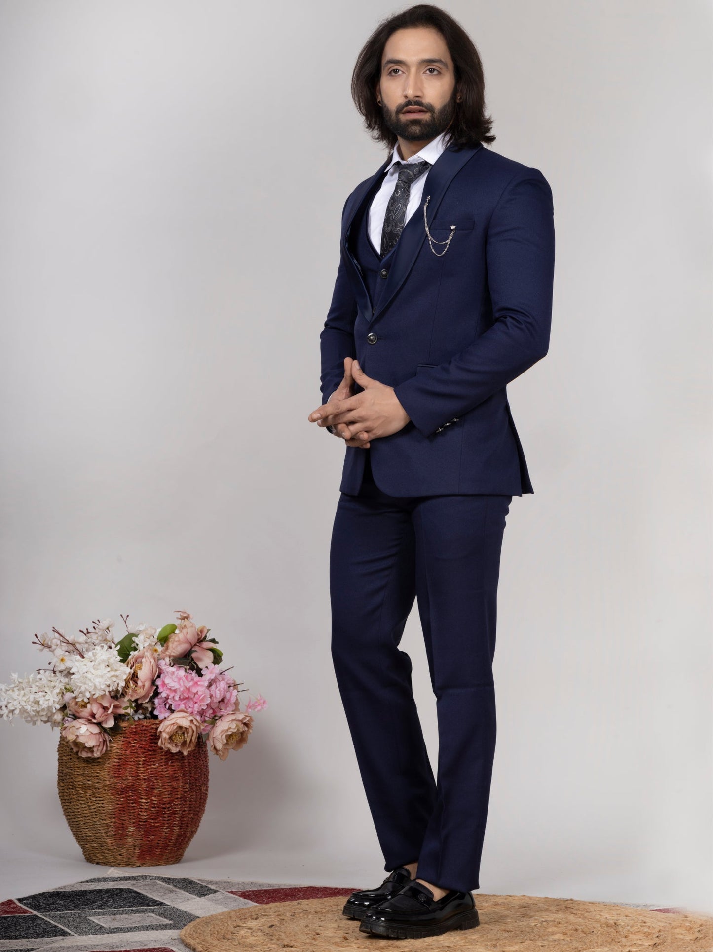 Navy Blue Crepe Fabric 3-Piece Tuxedo Suit