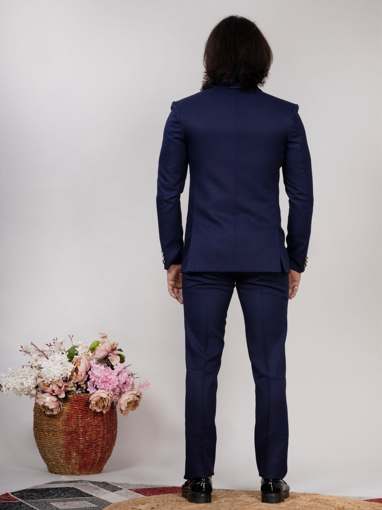 Navy Blue Crepe Fabric 3-Piece Tuxedo Suit