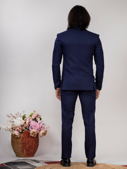 Navy Blue Crepe Fabric 3-Piece Tuxedo Suit