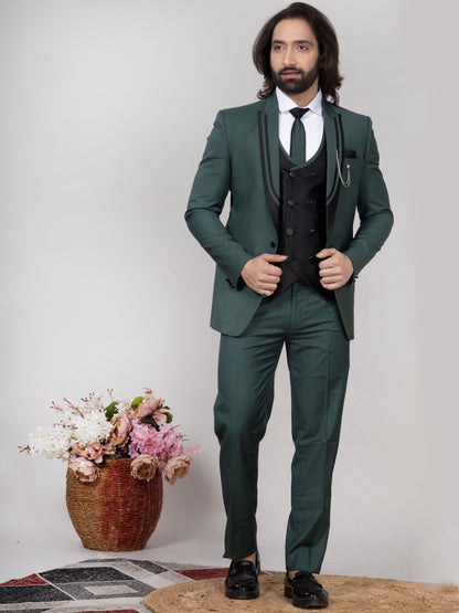 Premium Men’s Green 3-Piece Suit with Black Lapel – Wedding & Party Wear | Raxon®