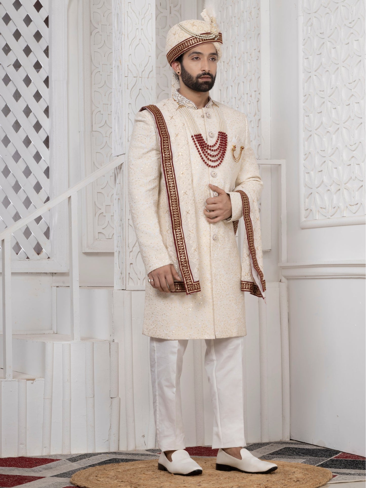 Raxon Men's Light weight premium Ivory Groom Sherwani