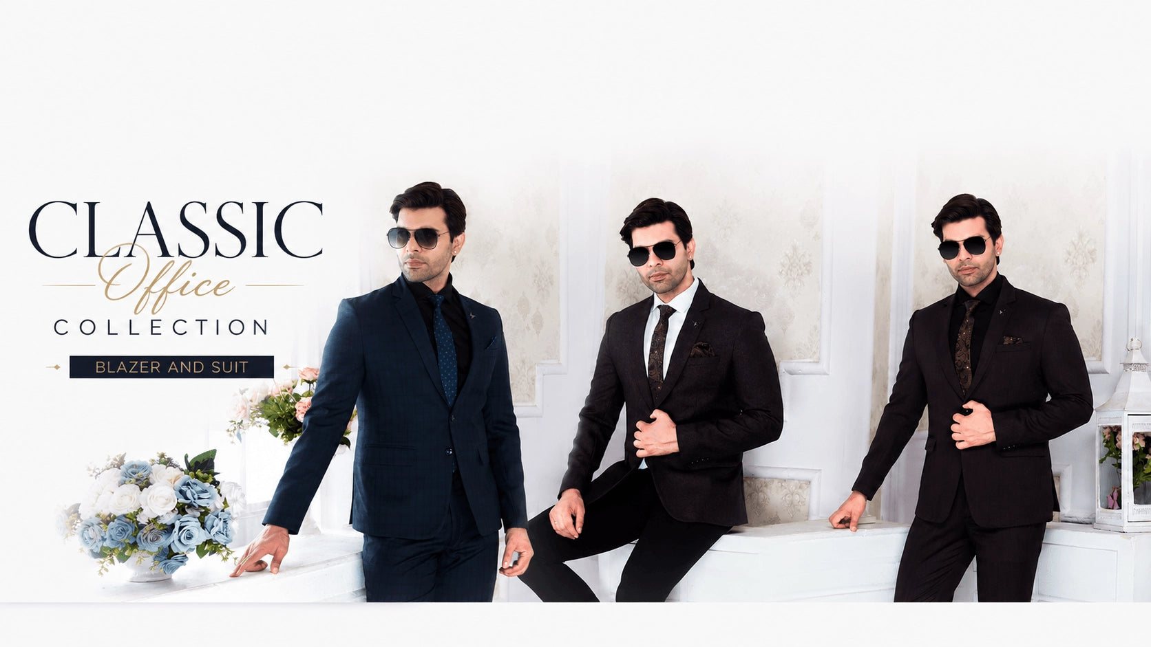 Three men in formal suits with sunglasses on a white background, promoting a 'Classic Office Collection' of blazers and suits.