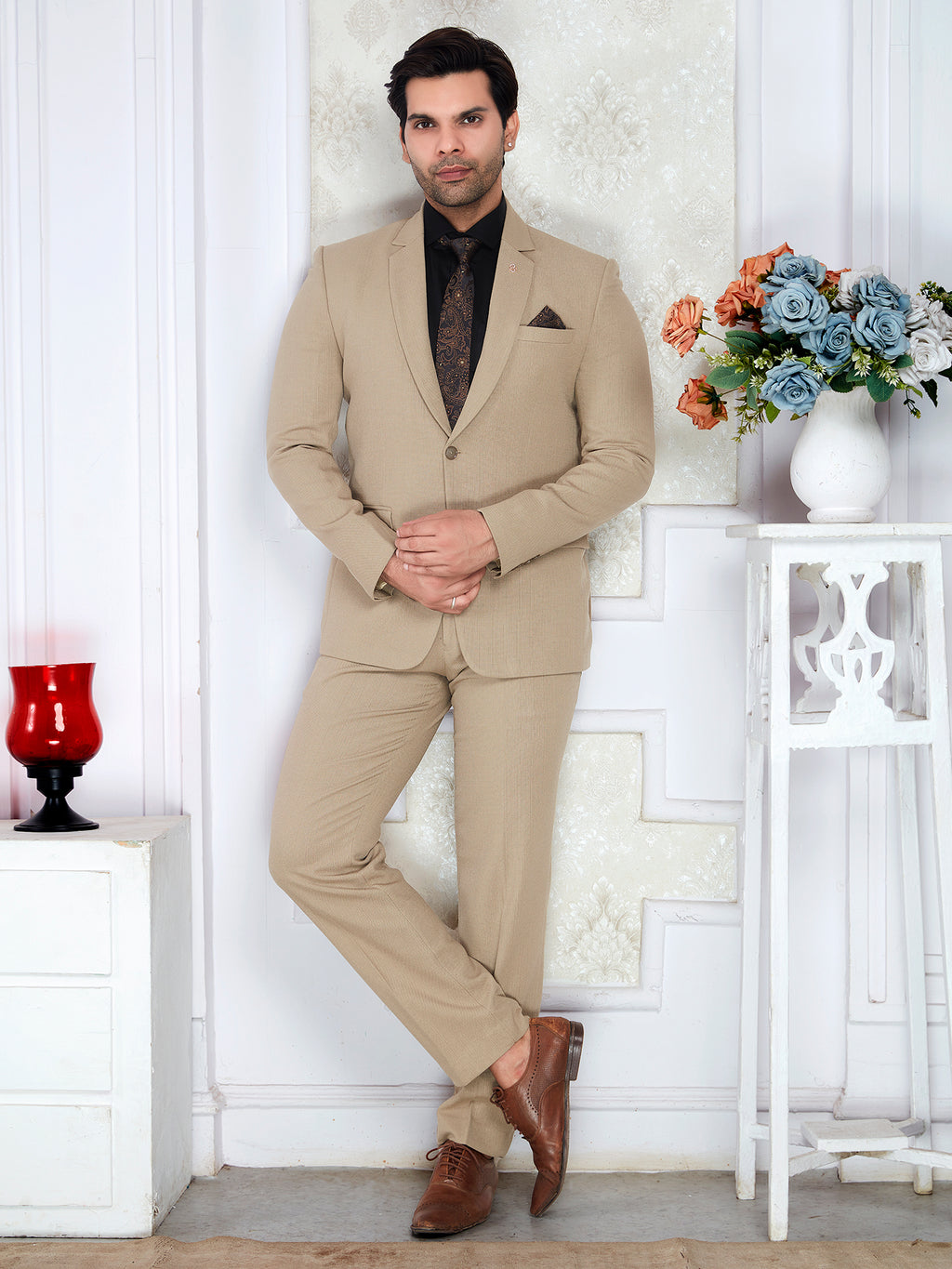 Beige Linen Texture 2 Piece Suit for Men