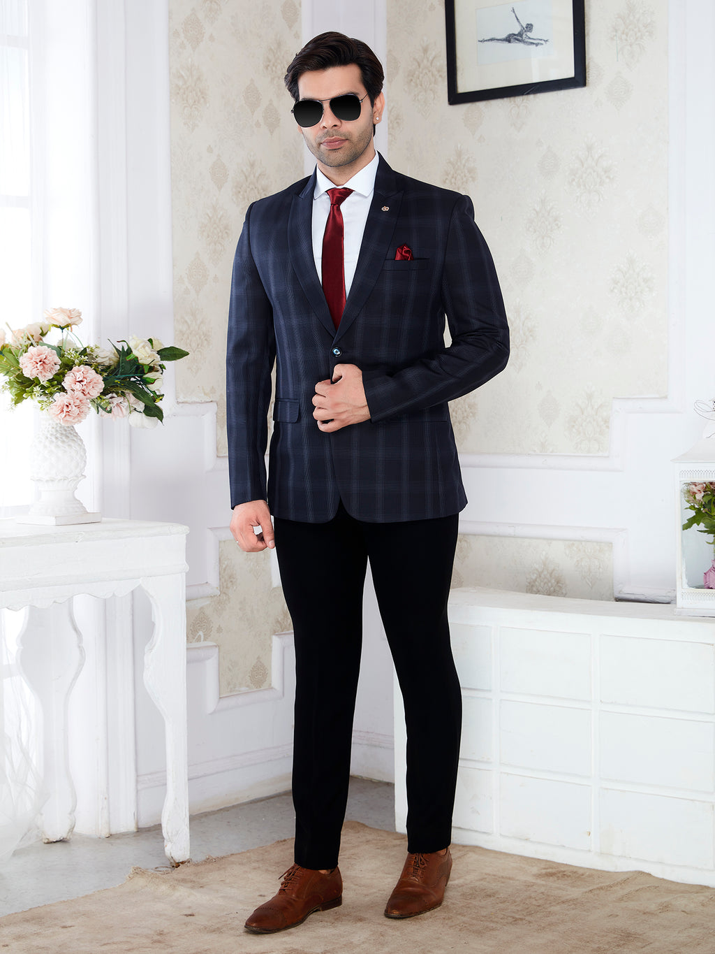 Men’s Premium Blue Check Blazer – Regular Fit Formal Party Wear Coat