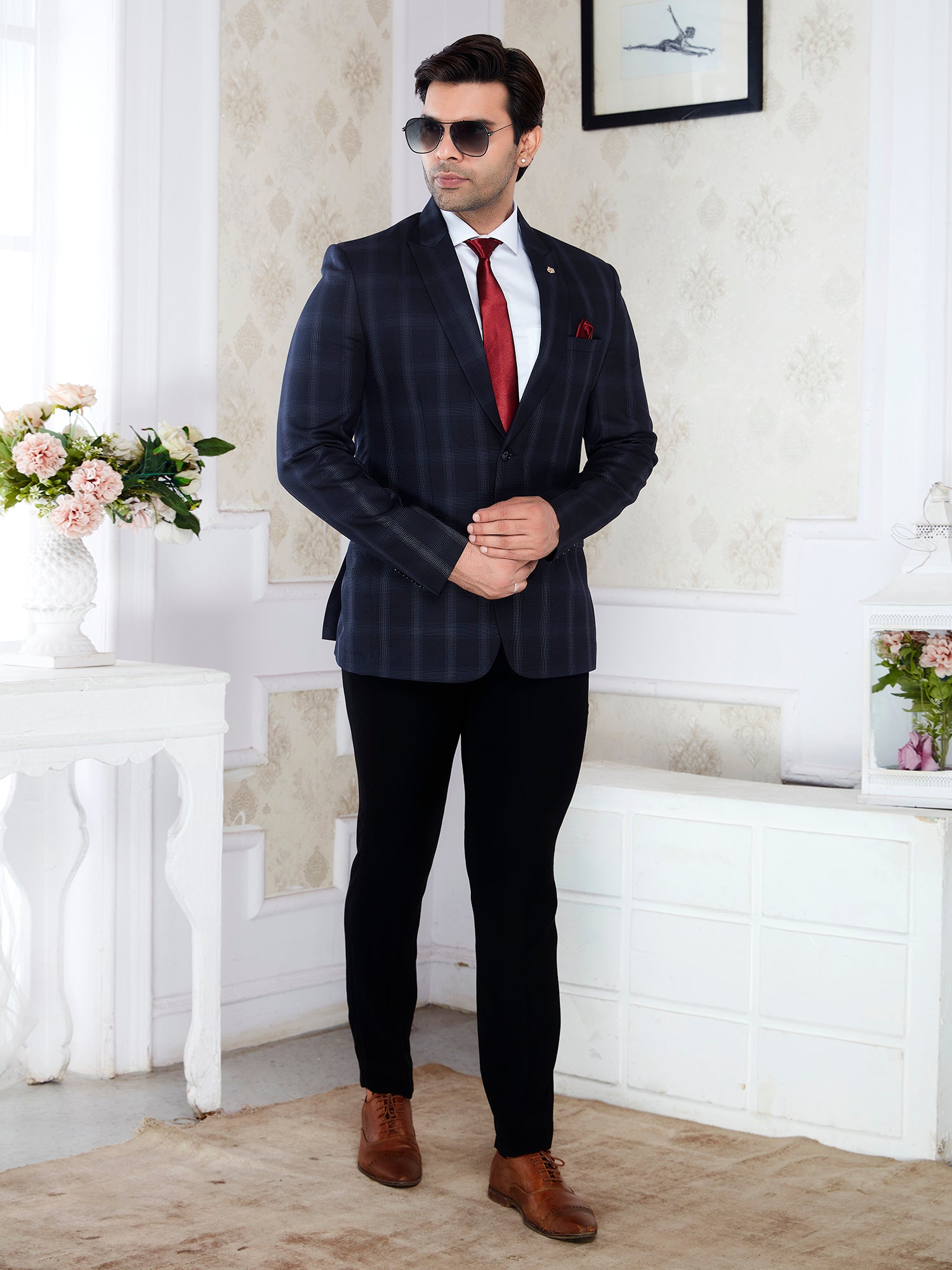 Men’s Premium Blue Check Blazer – Regular Fit Formal Party Wear Coat