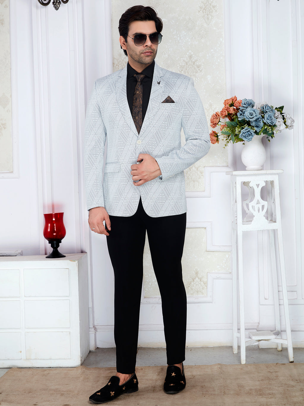 Men’s Premium Check Designer Pattern Blazer(Light Grey)