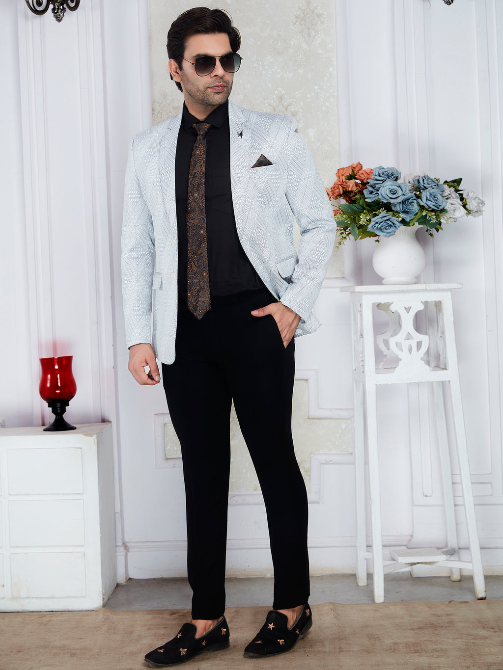 Men’s Premium Check Designer Pattern Blazer(Light Grey)