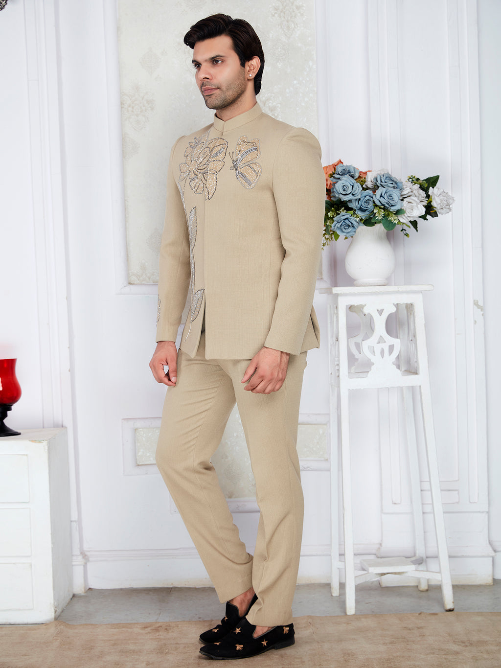 Groom wear beige suit men