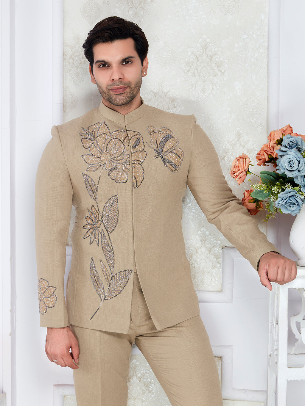 Raxon® beige handwork jodhpuri suit