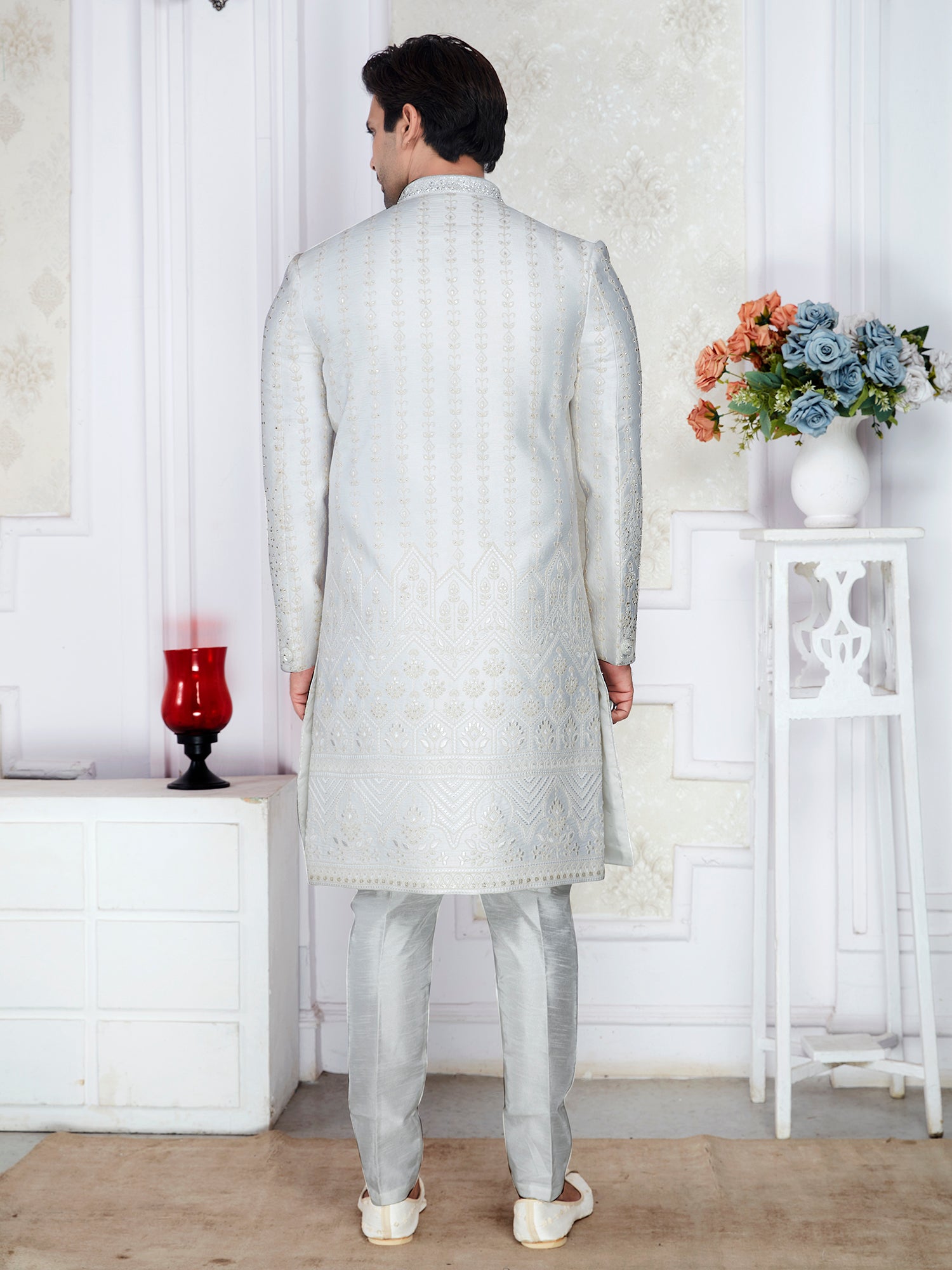Premium Off White 3Pc Sherwani Set Diamond Handwork