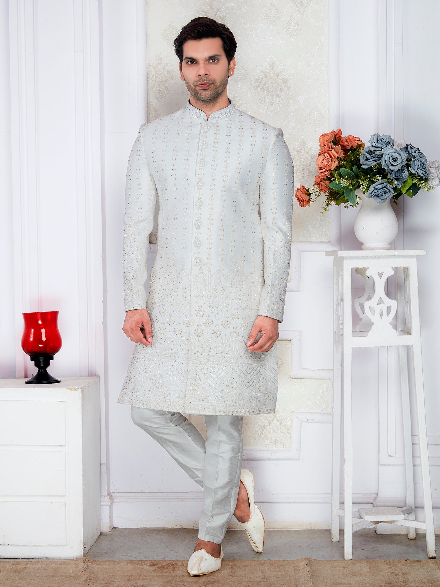Premium Off White 3Pc Sherwani Set Diamond Handwork