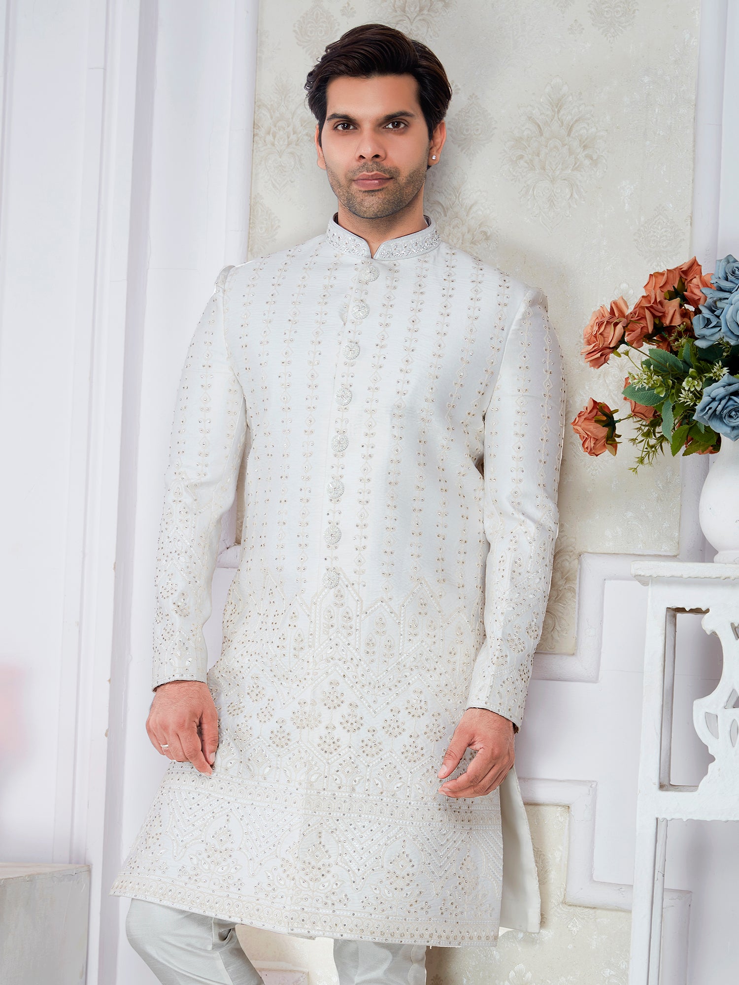 Premium Off White 3Pc Sherwani Set Diamond Handwork