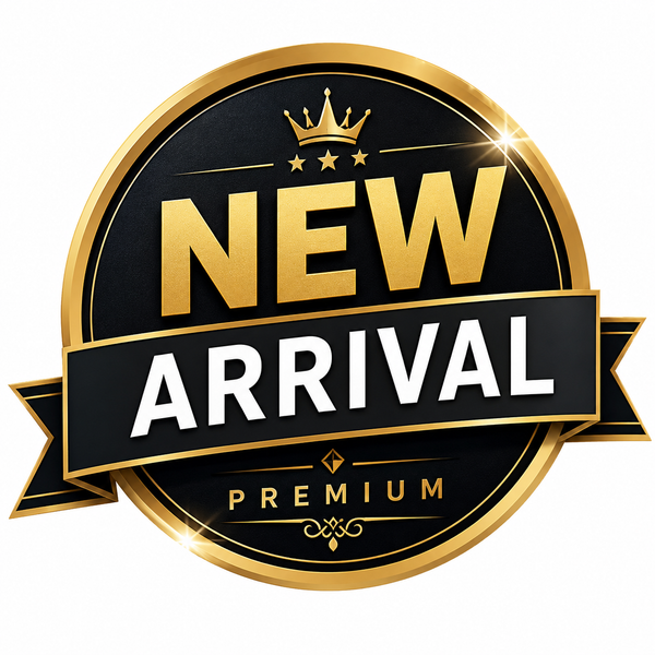 A circular gold and black 'NEW ARRIVAL PREMIUM' badge with a crown icon and ribbon banner on a white background.