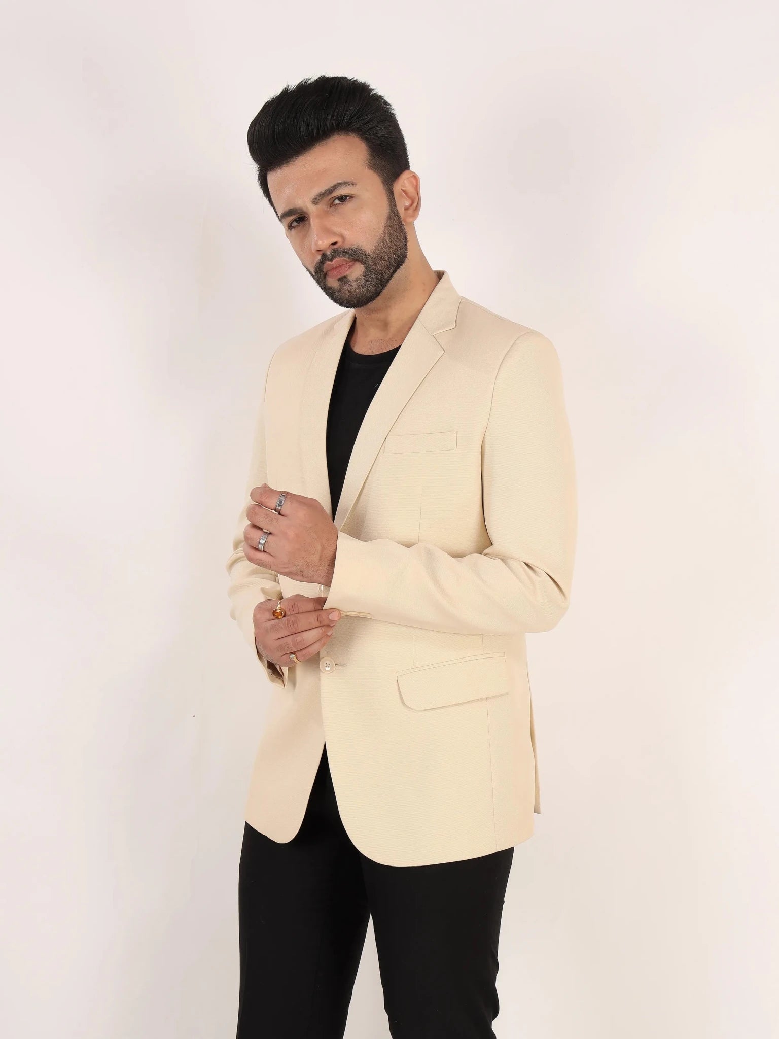Raxon Beige Matty Regular Fit Single Breasted Blazer