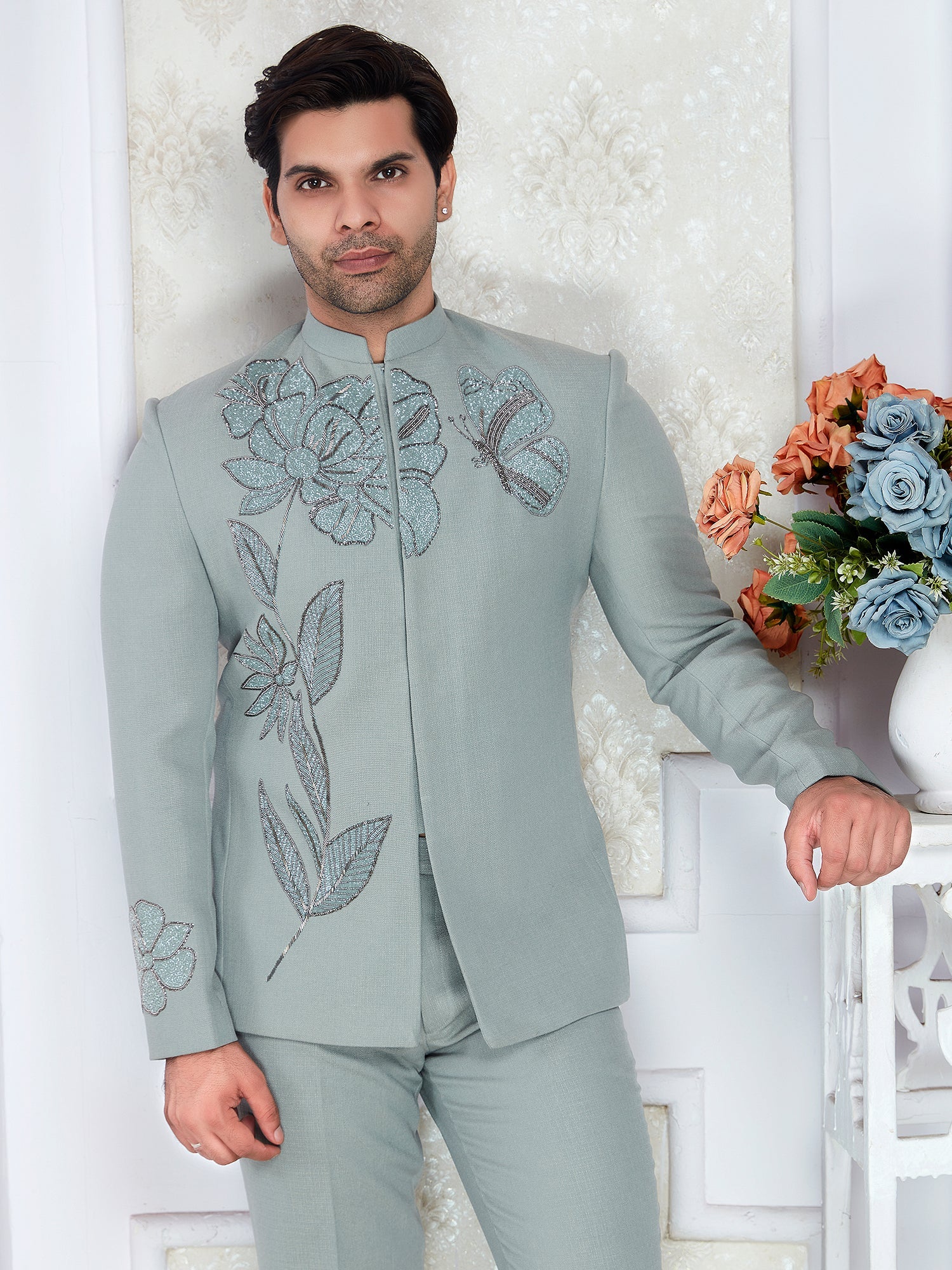 Raxon Mint Blue Embroidered Bandhgala Suit for Men Regular Fit