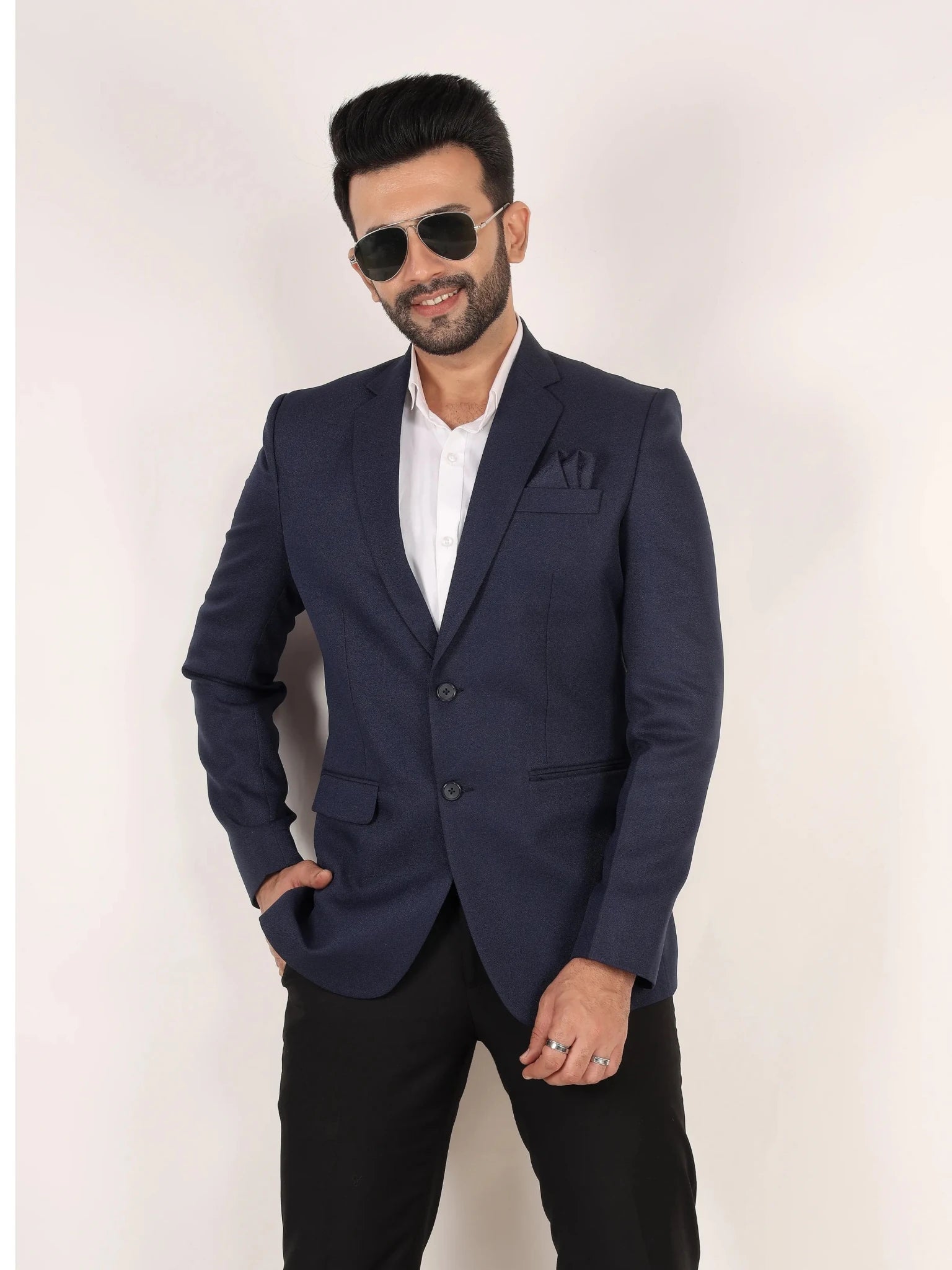 Raxon Navy Blue Matty Regular Fit Single Breasted Blazer