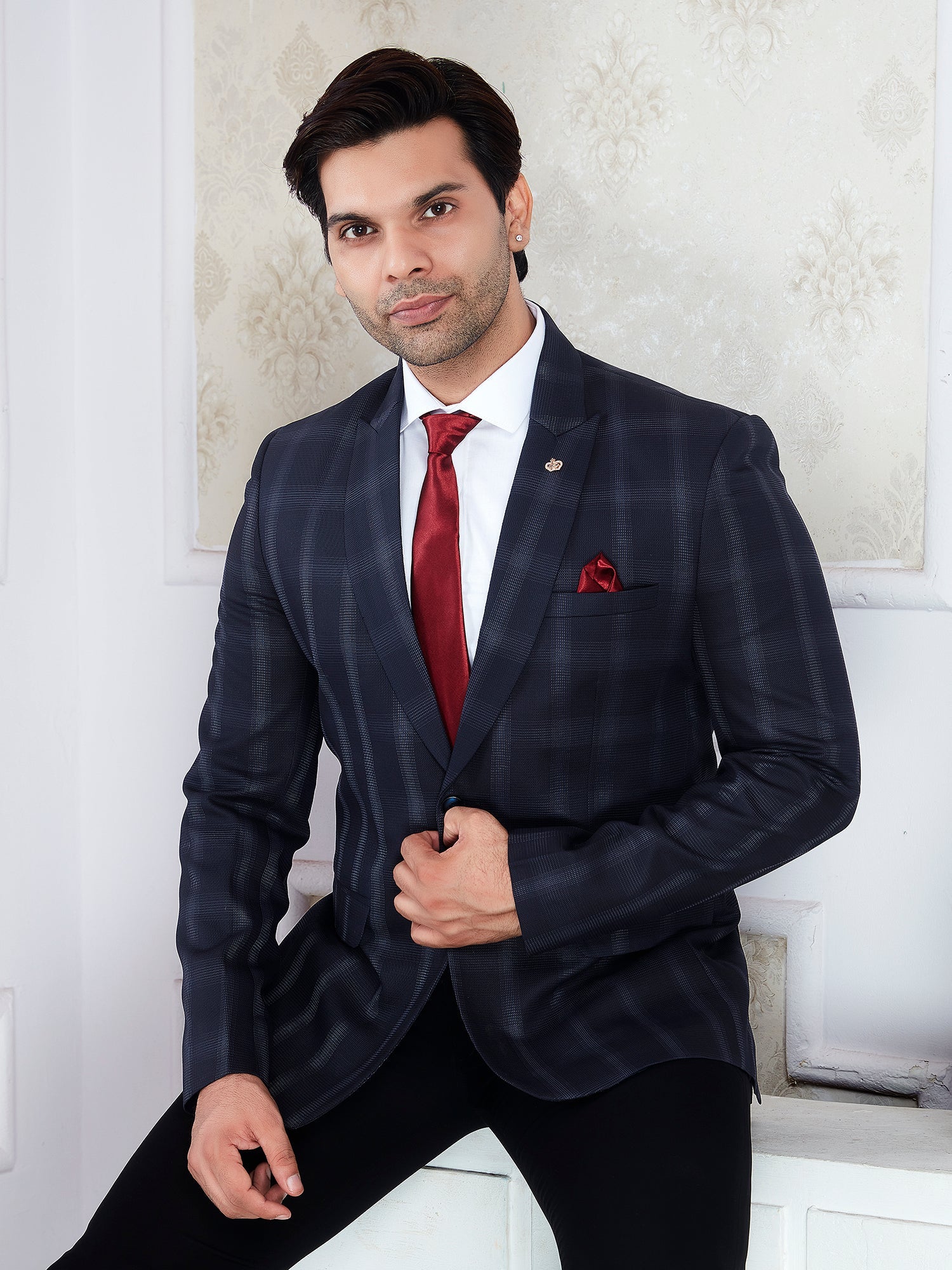 Raxon Navy Check Men’s Regular Fit Formal Blazer