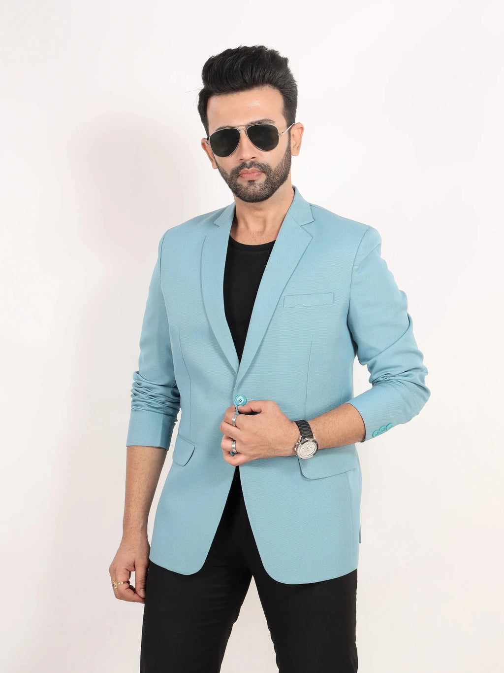 Raxon Sky Blue Matty Regular Fit Single Breasted Blazer