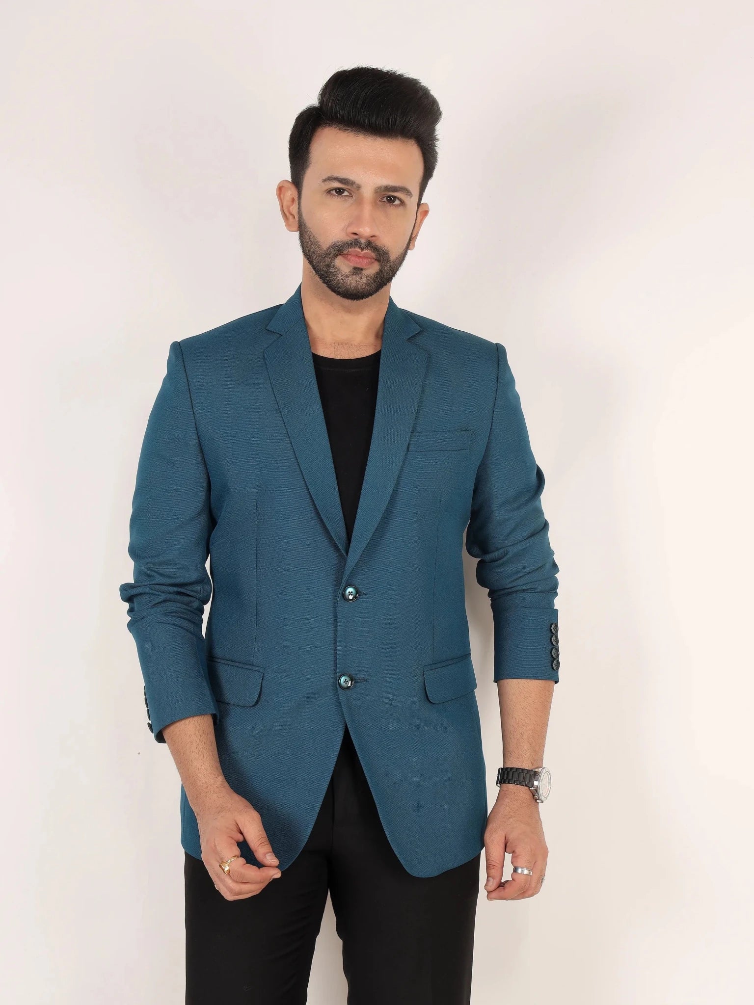Raxon Teal Blue Matty Regular Fit Single Breasted Blazer