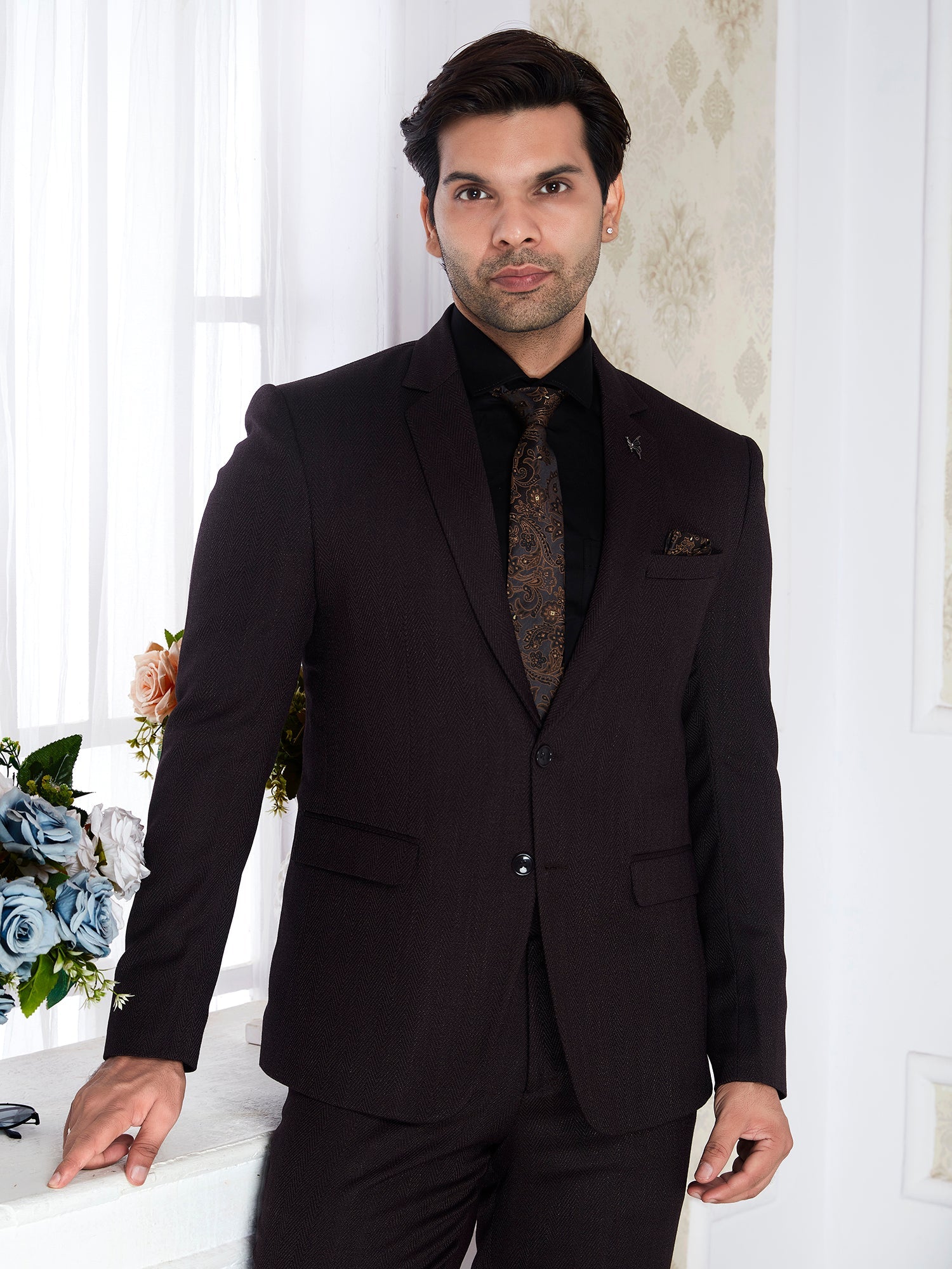 Raxon Textured Brown 2 Piece Suit for Men | Regular Fit